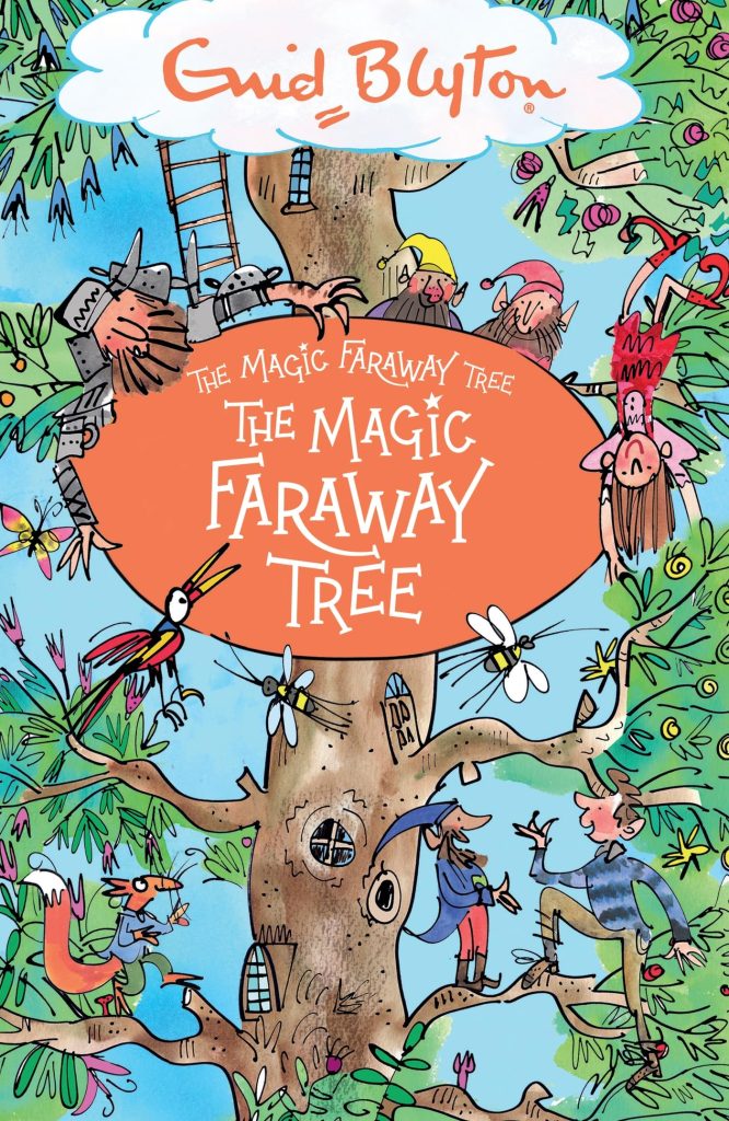 A cartoon drawing of a tree with children and magical creatures on the branches. The top text says "Enid Bylton" and the centre text says "The Magic Faraway Tree"