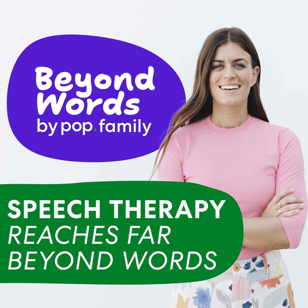 Speech therapist Heidi Trusler pictured next to the text "Speech Therapy Reaches Far Beyond Words"