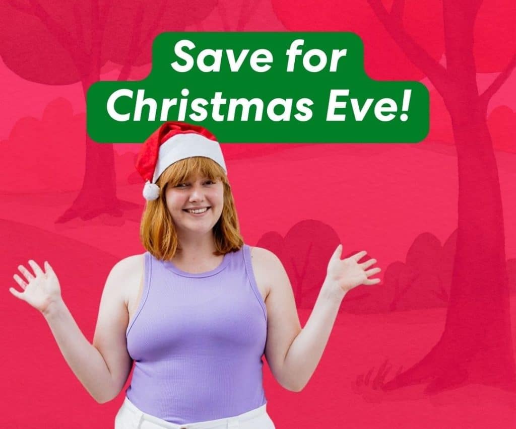A smiling woman in a Santa hat and a purple tank top stands against a pink and red background with an overlay text that reads: "Save for Christmas Eve!"