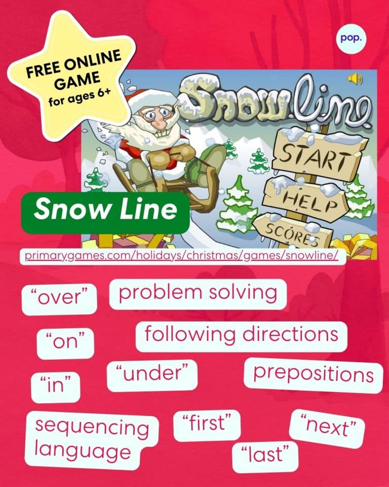 An image of the online game "Snow Line," featuring Santa Claus on a sled with a "START" sign, with text overlays describing it as a "FREE ONLINE GAME for ages 6+" that develops "problem solving," "following directions," "prepositions" ("over," "on," "in," "under"), and "sequencing language" ("first," "next," "last").