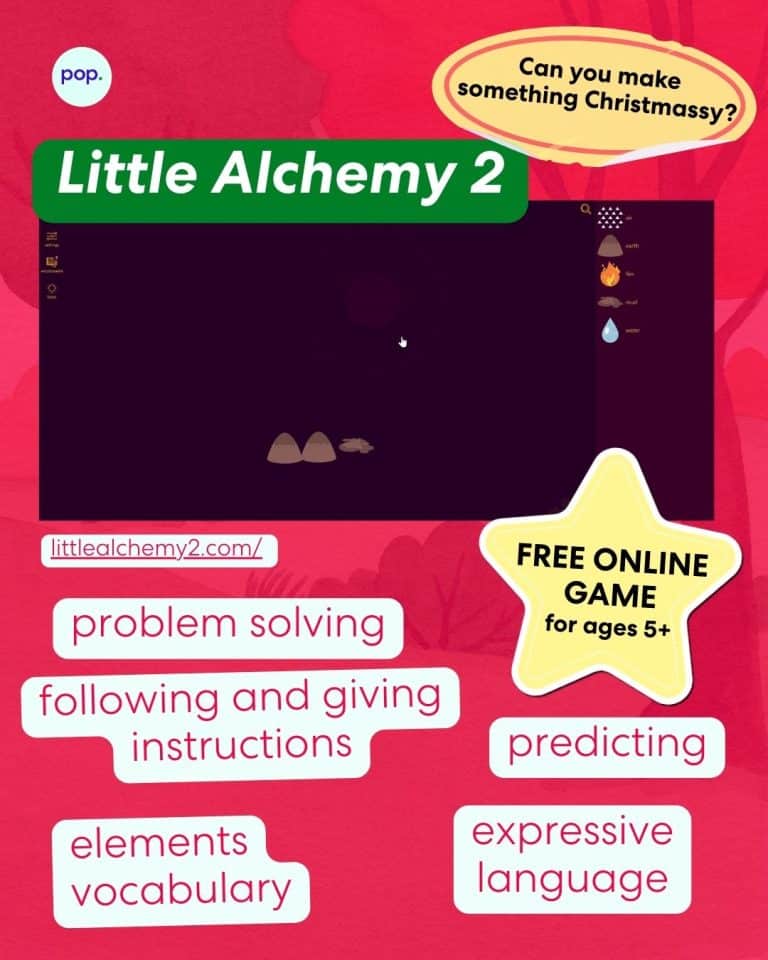 A screenshot of the online game "Little Alchemy 2," which has elements like air, fire, mud, and water, with text overlays describing the game as a "FREE ONLINE GAME for ages 5+" that develops "problem solving," "following and giving instructions," "elements vocabulary," "predicting," and "expressive language."