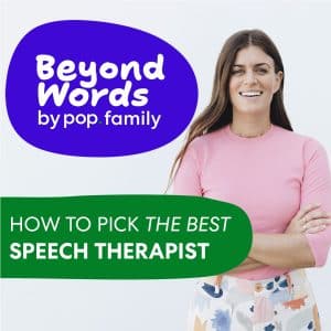 Beyond Words by Pop Family podcast featuring a smiling women, Heidi, against a white background. Text in a purple bubble reads 'Beyond Words by pop.family' and a green banner at the bottom displays the episode title: 'HOW TO PICK THE BEST SPEECH THERAPIST'