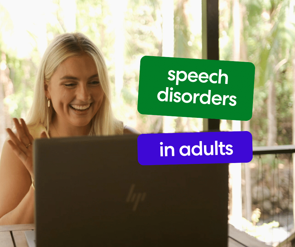 Speech pathologist lady sitting outdoors in front of laptop waving.Text overlayed on image says speech disorders in adults