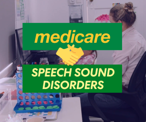 Medicare logo shaking hands with the words "speech sound disorders"