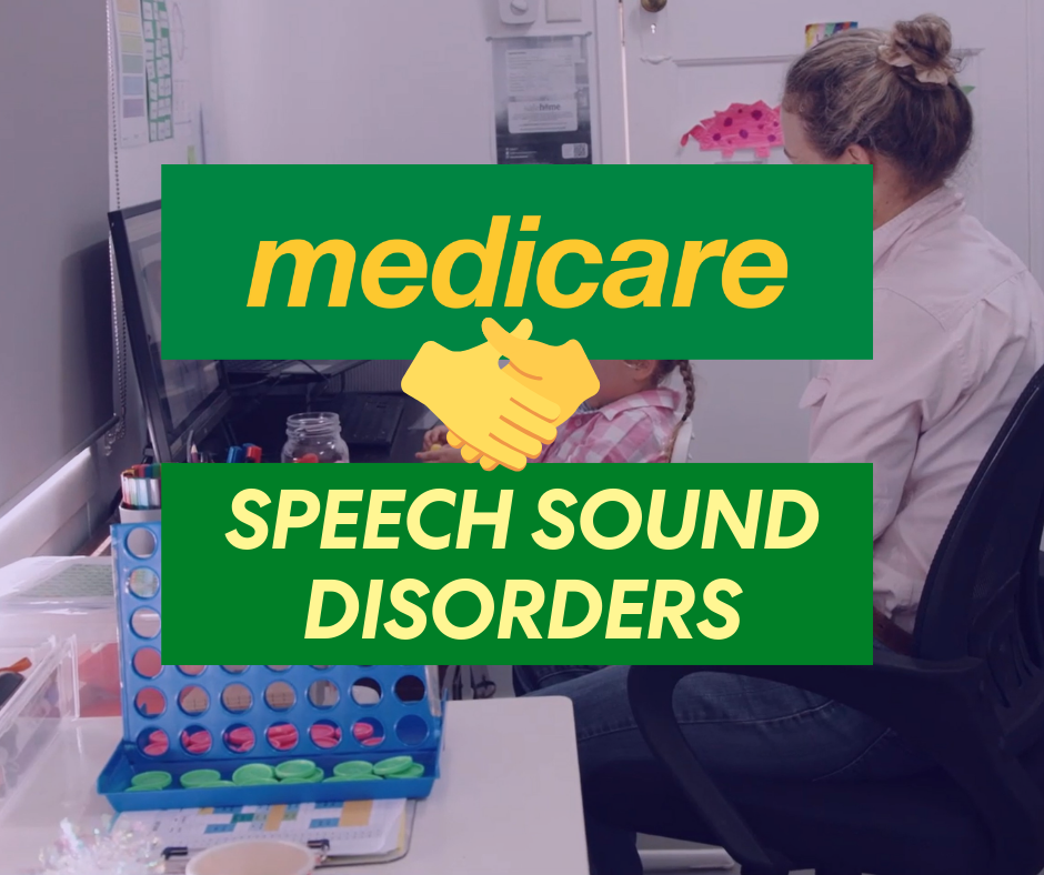 Medicare logo shaking hands with the words "speech sound disorders"