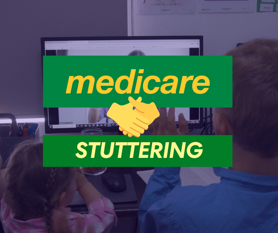 Medicare logo shaking hands with the word "stuttering"
